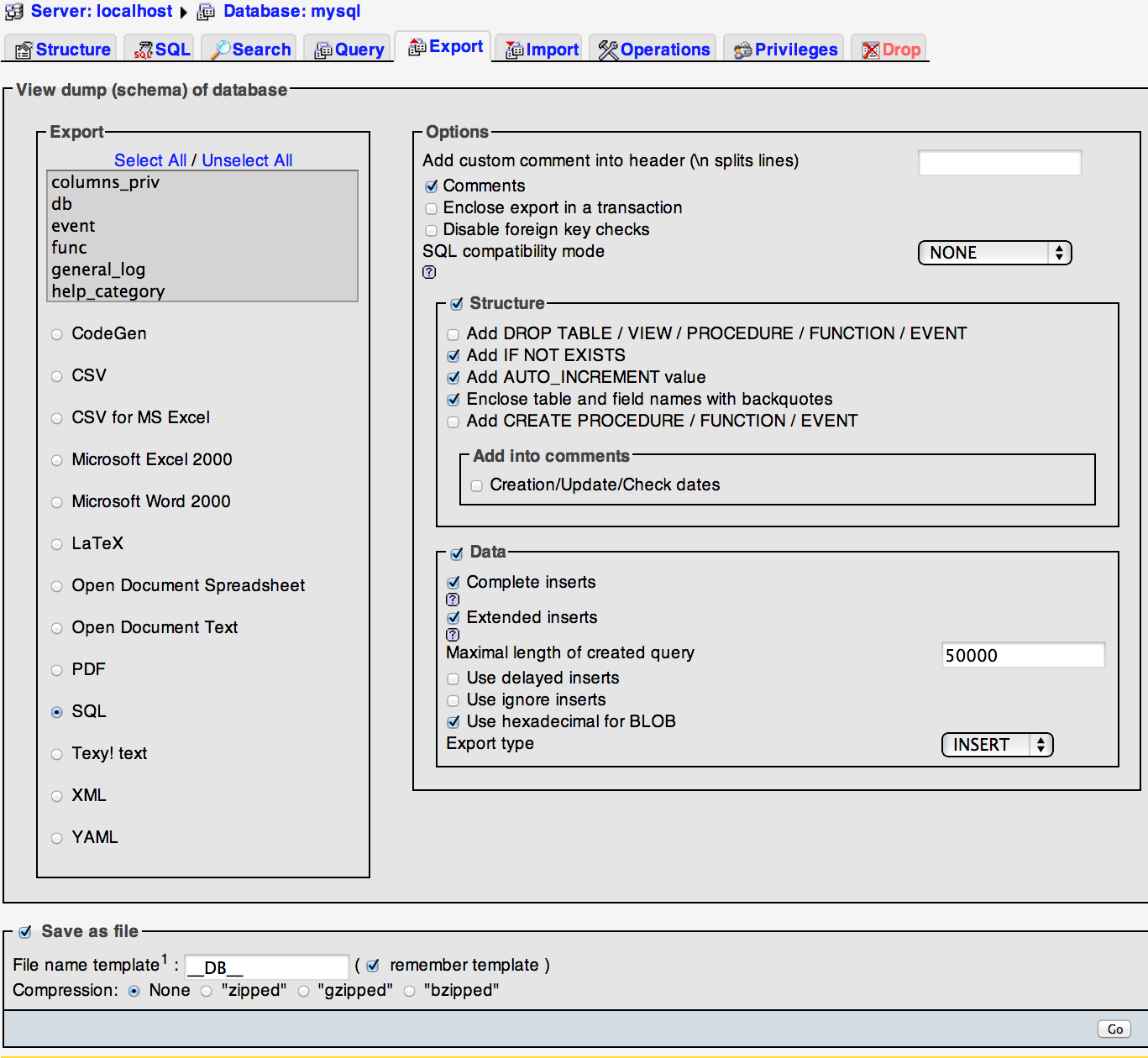 Export Database Tab Export Database Tab
